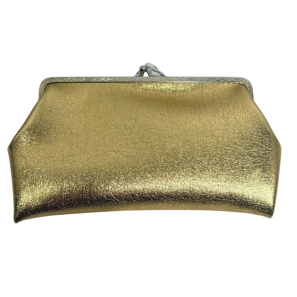 Vintage Gold Metallic Textured Kiss Lock Clutch Evening Bag Pink Vinyl Interior